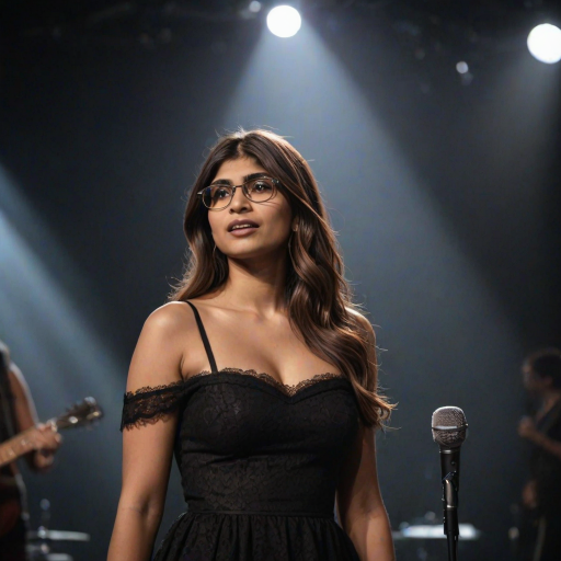 mia khalifa with long, flowing brown hair is standing in the center of the frame, holding a microphone in her right hand, and looking slightly off to the right side of the frame. She is wearing a black, off-the-shoulder dress with delicate lace detailing. The lighting is warm and dramatic, creating a spotlight effect on the singer. There are other figures in the background, blurred and out of focus, suggesting a concert or performance setting. The camera angle is low, capturing the woman from the waist up. The overall atmosphere is intimate and captivating.
