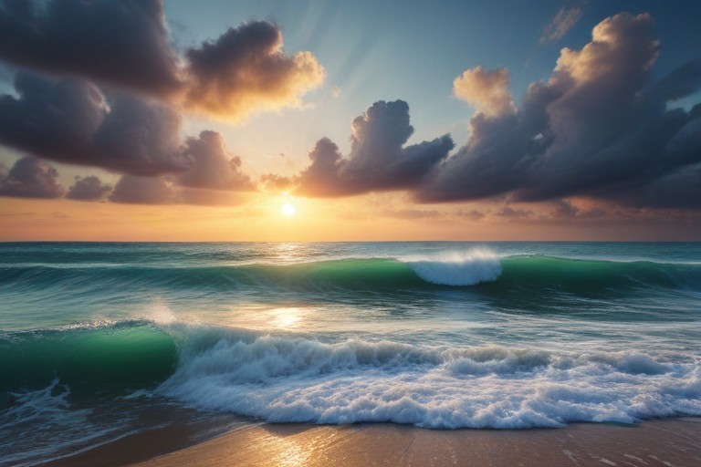 Serene Sunset Over Gentle Waves and Vibrant Clouds at the Beach