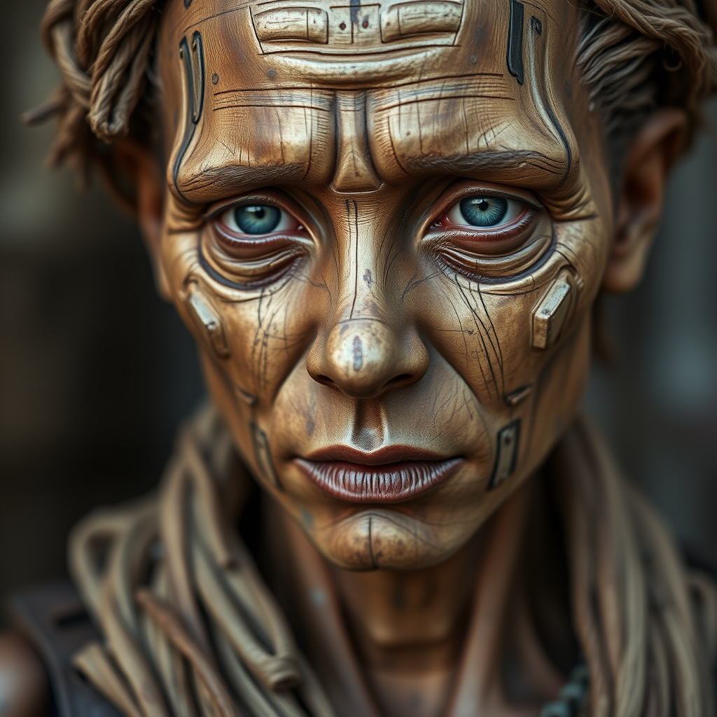 Create a hyper-realistic portrait of a weathered, lifelike figure with intricate details of wood and metal embedded in the skin, captured with a Canon EOS R5, 50mm lens, f/1.8 aperture, ISO 100, natural lighting, soft focus background.