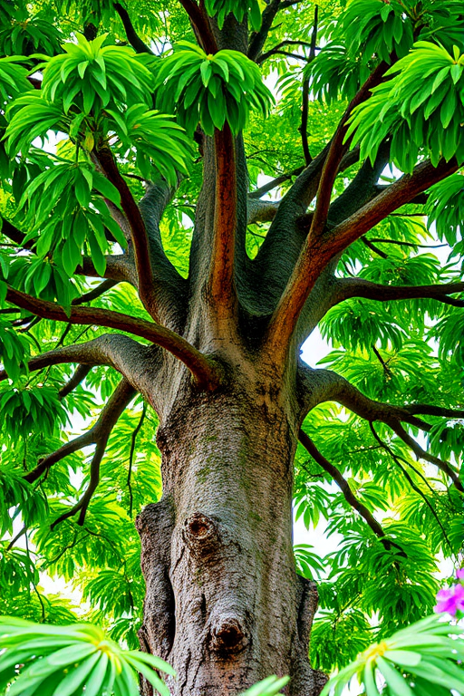 Create a high-resolution image of a stylized tree with a detailed trunk and lush green foliage using a DSLR camera at f/8 aperture, ISO 100, and a focal length of 50mm, capturing a close-up view with vibrant colors and sharp detail.