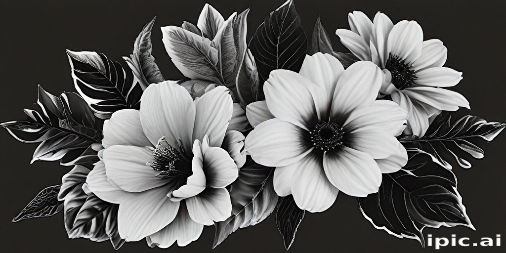 Elegant Black and White Floral Arrangement with Lush Leaves and Blooms