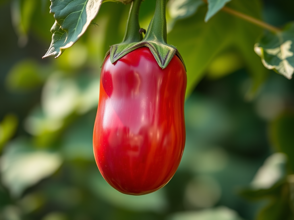 photograph of a vibrant eggplant hanging from a plant with soft bokeh background, taken with a Canon EOS 5D Mark IV, 85mm lens, aperture f/1.8, shutter speed 1/200 sec, ISO 100, natural lighting.