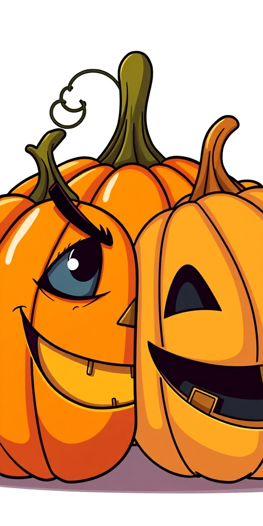 Create a high-resolution illustration of two cartoon pumpkins side by side with distinct facial features: one with a mischievous expression and jagged eyes, and the other with a friendly smile and stitched mouth, using a vibrant color palette; shot with a Canon EOS R5 at f/8, ISO 100, 1/250 sec, 50mm lens, in a bright, evenly lit studio setting for enhanced clarity and sharpness.