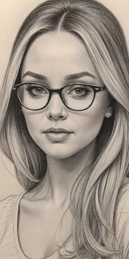 Appealing Amanda Bynes, pencil sketch, portrait of Alluring woman 1962s in glasses, hair style beatnik, outline, clear lines, fine lines, 8k