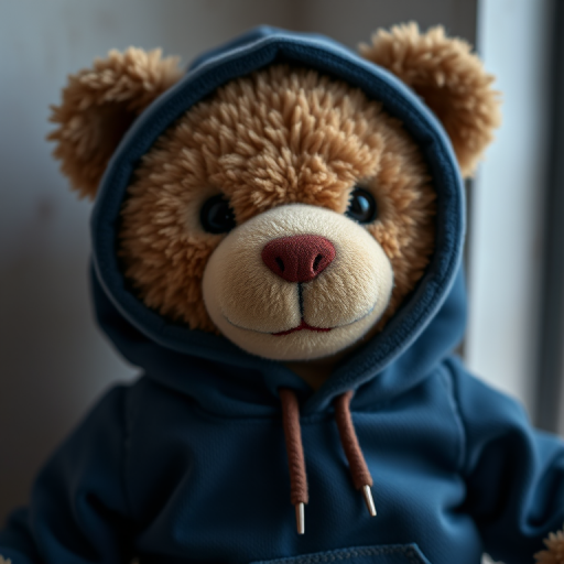 A close-up shot of a plush teddy bear wearing a dark blue hoodie, with soft lighting to accentuate texture, taken with a Canon EOS R5 at f/1.8, ISO 100, 50mm lens, natural light style.