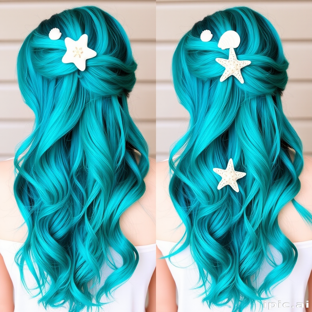 Vibrant teal and turquoise ombre hair styled in loose, beachy waves with seashell and starfish accessories, capturing the essence of a "Mermaid's Treasure" style