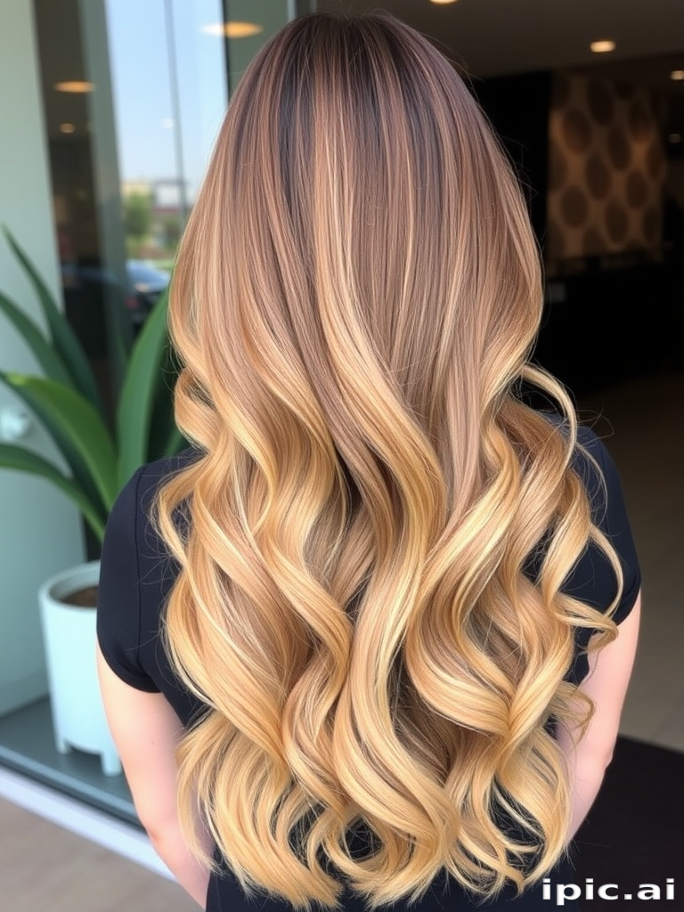 Elegant balayage ombre transitioning from dark roots to honey blonde ends, long wavy tresses cascading down the back, exuding effortless glamour and sophistication