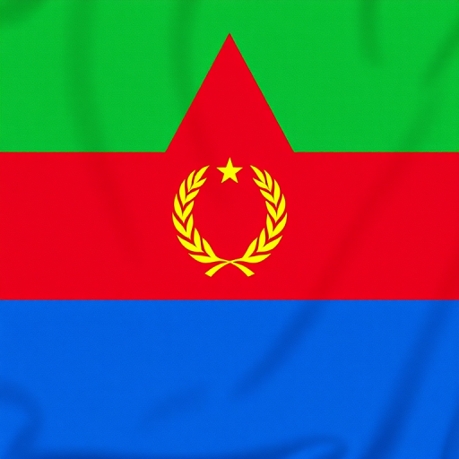Create a high-resolution image of the Eritrean flag featuring a green triangle at the top, a red triangle in the middle with a yellow olive branch emblem at the center, and a blue triangle at the bottom, using a DSLR camera with a 50mm lens, aperture set to f/8, ISO 100, and a shutter speed of 1/200s, captured from a straight-on perspective.