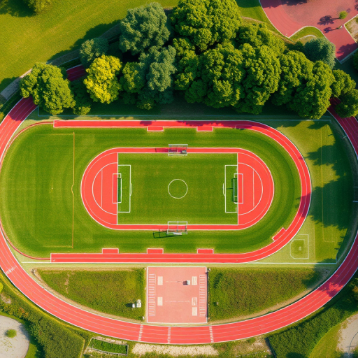 generate a high-quality image of a running track with a green field in the center, aerial view, f-stop 4, ISO 100, shutter speed 1/200s, DSLR camera, vibrant colors and sharp details
