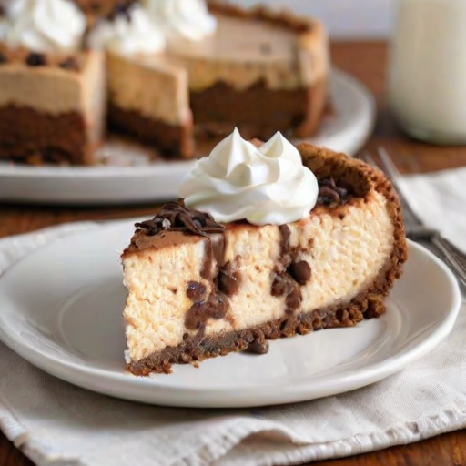 Create an image of a delicious cheesecake with a cookie crust, topped with whipped cream, chocolate chips, and whole cookies. The cheesecake should have a slice taken out, revealing its creamy texture and layers. The setting should be bright and inviting, with a simple plate and a light background.