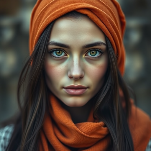 Create a portrait of a young Caucasian woman with long, dark hair and captivating hazel eyes. She is wearing a orange headscarf and a matching scarf draped gracefully around her neck. The background is softly blurred, focusing attention on her serene and natural expression. The overall color palette is muted and warm, enhancing the intimate and authentic feel of the portrait.