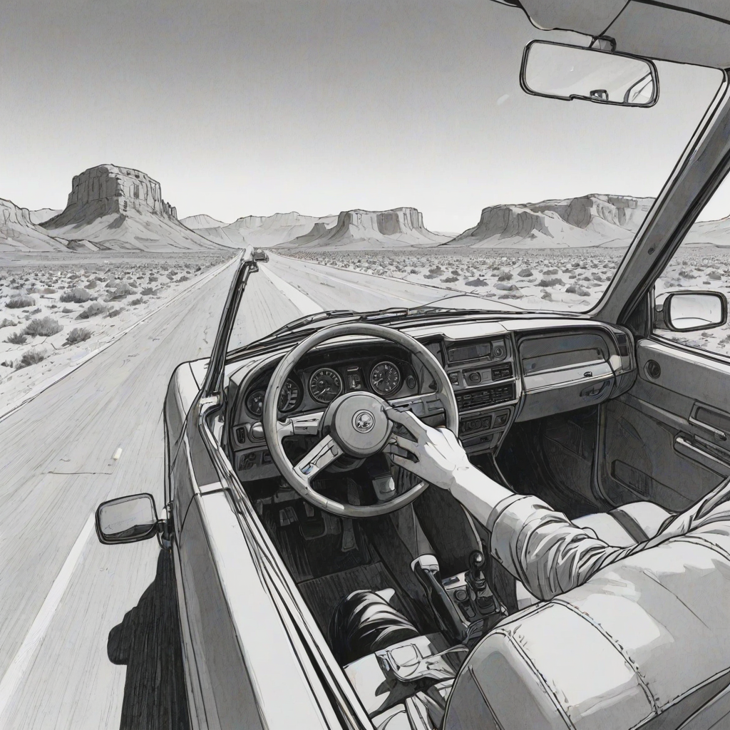 score_9, score_8_up, score_7_up,<lora:H001PXL:1>,<lora:add-detail-xl:.3>,  manga, monochrome, comic, side shot, flat angle,
highway, desert, driver, interior,
 zPDXL