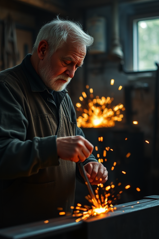 Capture an elderly blacksmith working in a dimly lit workshop, sparks flying from the metal he is shaping, using a shallow depth of field, 50mm lens, f/1.8 aperture, ISO 200, with soft, warm lighting to enhance the atmosphere.