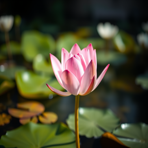 Capture a close-up of a pink lotus flower standing tall in a serene pond, with soft focus on surrounding lily pads, using a DSLR camera at f/2.8 aperture, ISO 100, 50mm lens, natural light, and a shallow depth of field for enhanced background blur.