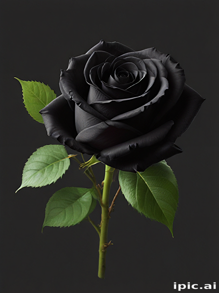 Elegant Black Rose Surrounded by Lush Green Leaves Against Dark Background