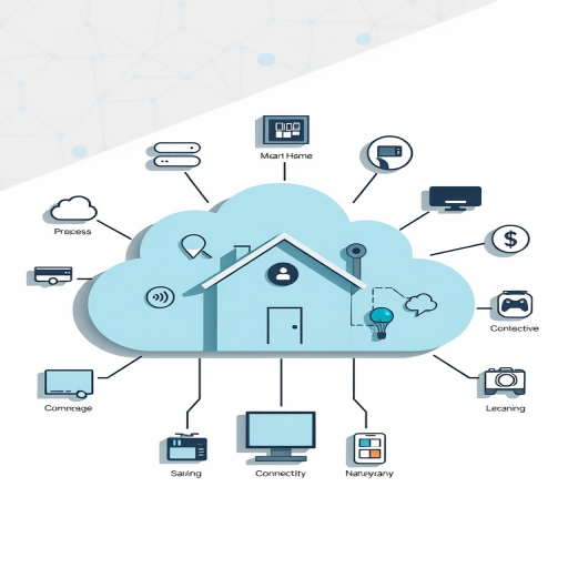Create a digital illustration of a cloud computing diagram with various icons representing smart home technology, gaming, communication, and connectivity, using a vector style, high resolution, with a clean white background, shot with a digital camera at f/8, ISO 100, 50mm lens, natural lighting.