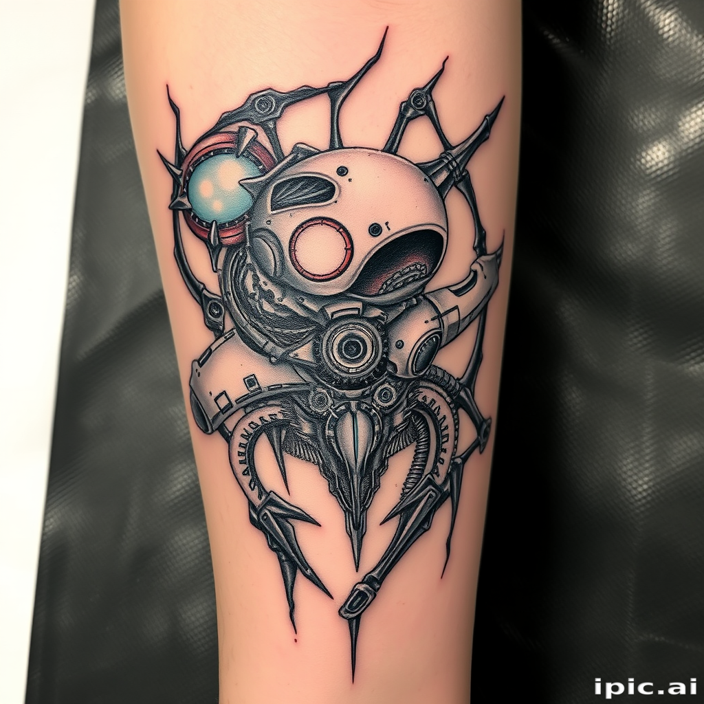Biomechanical tattoo called "Cybernetic Fusion" blending organic forms with mechanical elements, creating the illusion of exposed robotic parts beneath torn skin using shades of gray and metallic accents