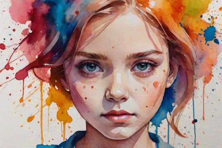 create a watercolor portrait of a girl with a contemplative expression, featuring vibrant colors and abstract splashes around her face