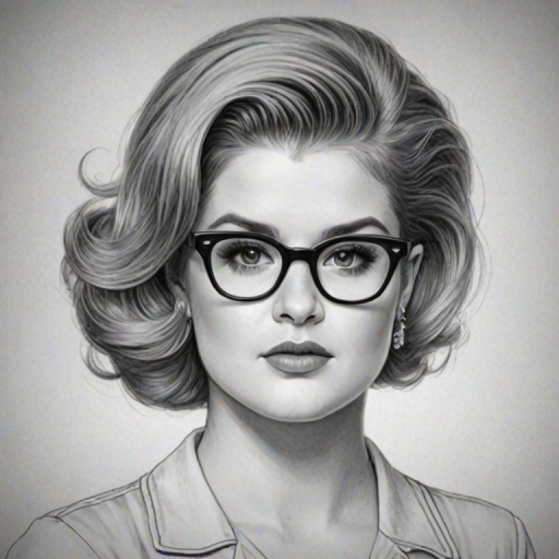 Dazzling Kelly Osbourne, pencil sketch, portrait of Attractive woman 1940s in glasses, hair style beatnik, outline, clear lines, fine lines, 8k