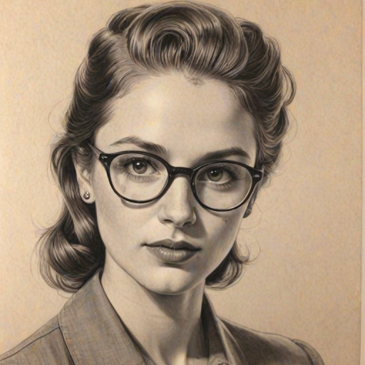 Beauteous Molly Gordon, pencil sketch, portrait of Superb woman 1937s in glasses, hair style beatnik, outline, clear lines, fine lines, 8k