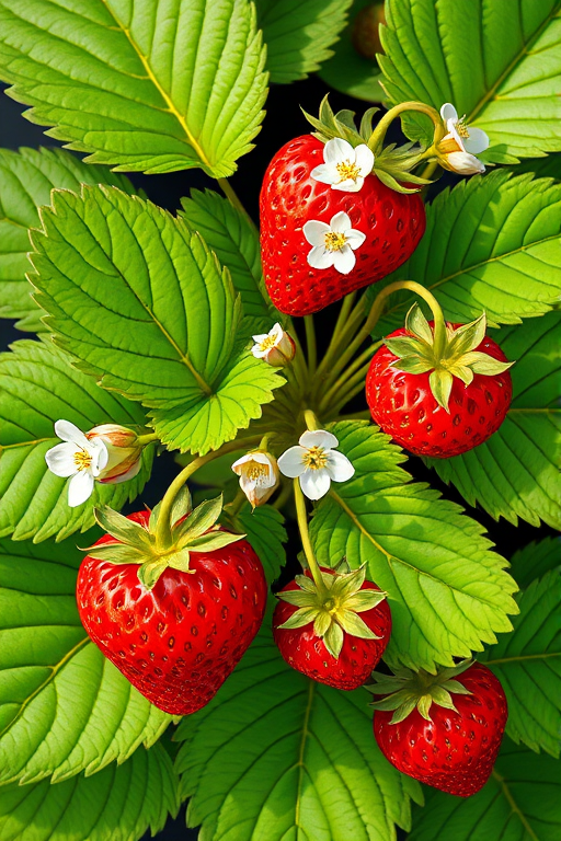 Create a detailed illustration of a strawberry plant with lush green leaves, vibrant red strawberries, and delicate white flowers, captured with a DSLR camera at f/4 aperture, 50mm lens, using natural lighting for enhanced clarity and color vibrancy, with a top-down view to emphasize the plant's structure.