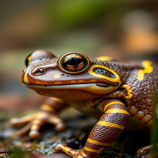 Capture a close-up of a textured frog with vibrant yellow stripes against a blurred natural background, using a Canon EOS 5D Mark IV, 100mm f/2.8 macro lens, aperture f/2.8, ISO 200, and a shutter speed of 1/200 sec for optimal clarity and detail.