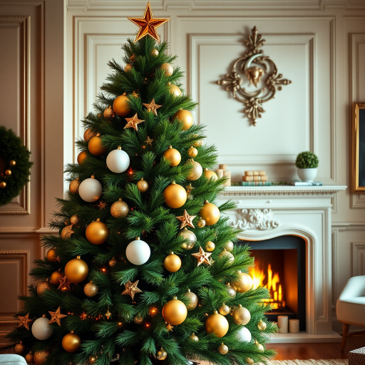 Generate an image of a beautifully decorated Christmas tree in a cozy room. The tree should be lush and green, adorned with golden and white ornaments, including large spherical baubles and stars. The room should have warm lighting, with a decorative fireplace in the background and elegant wall paneling. Add a touch of festive cheer with a star on top of the tree.
