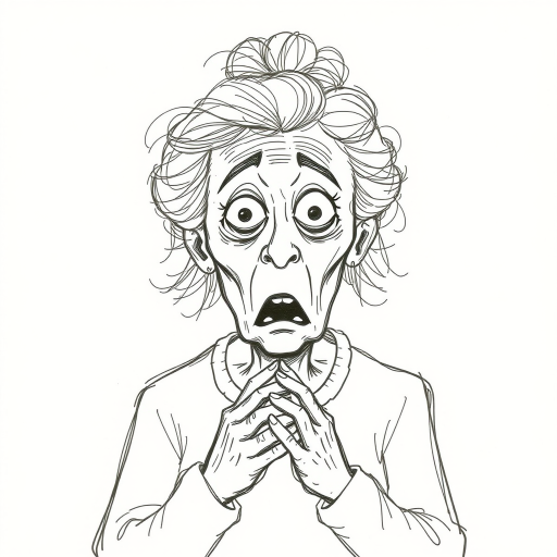 scribbly unfinished sketch, old lady with messy gray hair in a loose bun, surprised expression, mouth open, hands clasped together in front of her chest. Her eyes are wide, eyebrows are furrowed. vibe of shock or surprise.