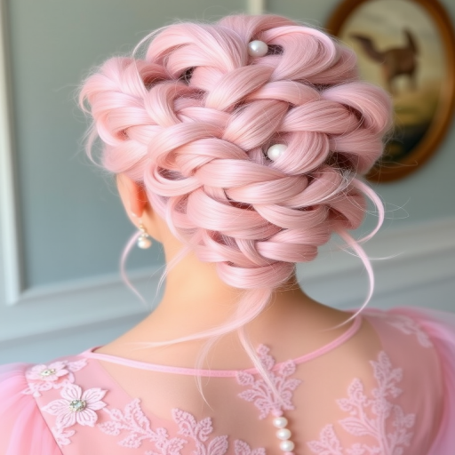 Ethereal pastel pink updo known as "Cotton Candy Cloud" incorporates intricate braids and twists, adorned with delicate pearl accents and wispy tendrils framing the face
