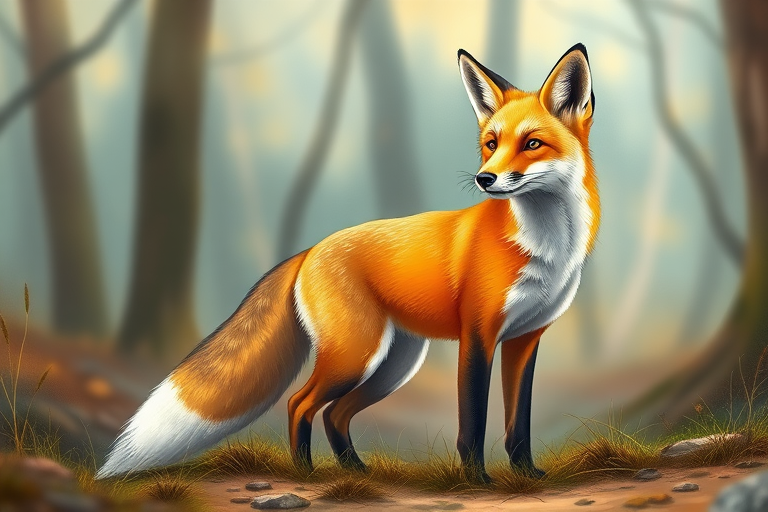 Create a detailed illustration of a fox standing gracefully, vibrant orange fur with white accents, in natural woodland surroundings, captured with a DSLR camera at f/2.8 aperture, 50mm lens for a shallow depth of field, 1/200s shutter speed, and a soft-focus background to enhance image quality.
