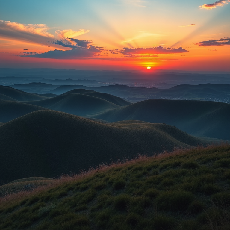 Create a high-resolution image of a serene landscape with rolling hills and a vibrant sunset, using a Canon EOS R5 camera with a 24-70mm lens, aperture set to f/8, ISO 100, and a shutter speed of 1/250 seconds, captured at a 45-degree angle to emphasize depth and perspective.