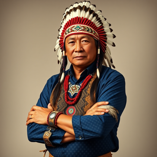 Create a dignified portrait of a Native American man dressed in traditional attire. He wears a beautifully crafted headdress adorned with white feathers and red beads, along with a beaded headband featuring intricate patterns. His clothing includes a deep blue, patterned shirt and a traditional chest piece with detailed beadwork. His arms are crossed, displaying leather armbands decorated with feathers. The background is simple and neutral, emphasizing his proud and stoic expression. The overall image captures the rich cultural heritage and strength of his persona.