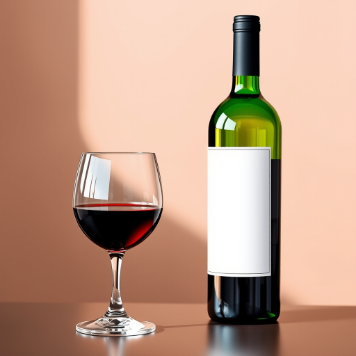 Create a high-resolution vector illustration of a wine bottle with a blank label next to a filled wine glass, shot from a slightly elevated angle, using a Canon EOS 5D Mark IV, aperture f/2.8, ISO 100, and natural lighting to emphasize color and detail.