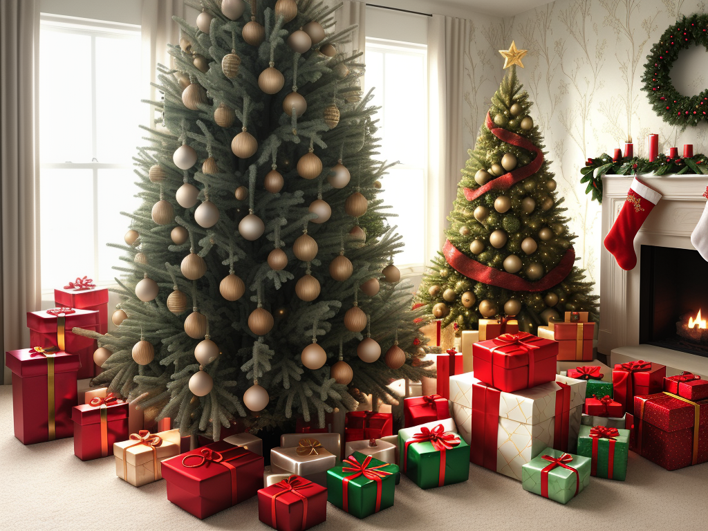 Festive Christmas Scene with Beautifully Decorated Trees and Wrapped Gifts