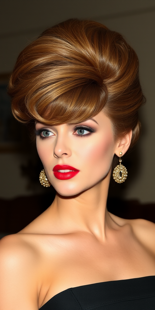 Glamorous diva flaunting a voluminous, 1960s-inspired bouffant hairstyle with a deep side part and honey blonde highlights