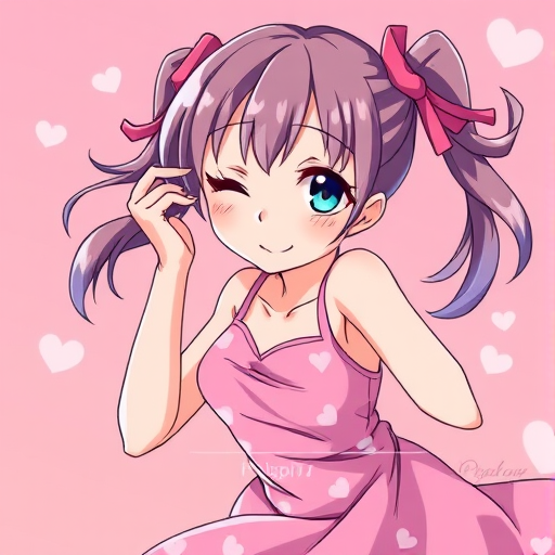 Create a vibrant anime-style illustration of a girl with a winking expression, wearing a pink dress with heart patterns, positioned playfully in a dynamic pose, with a shallow depth of field, ISO 100, aperture f/2.8, 50mm lens, soft lighting, high-resolution digital art.