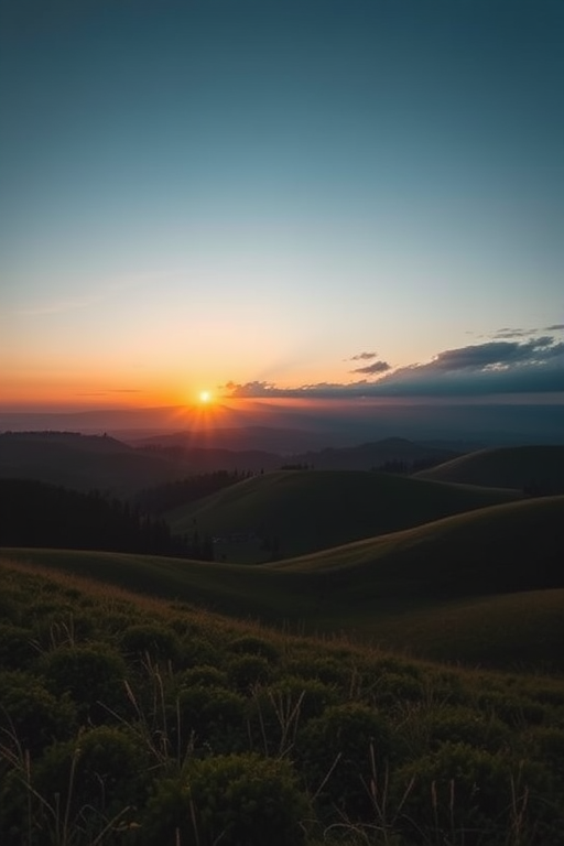 Generate a high-resolution image of a serene landscape featuring rolling hills and a sunset using a Canon EOS R5 with a 24-70mm f/2.8 lens, aperture set to f/8, ISO 100, and a focal length of 35mm, captured from a slightly elevated perspective to enhance depth and detail.