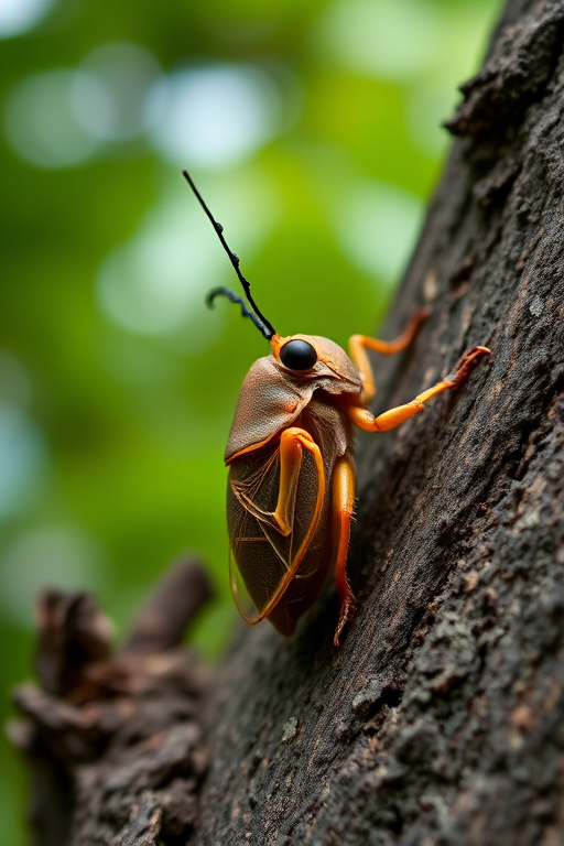 Close-up shot of a cicada molting on a tree trunk, with a blurred lush green background, 50mm lens, f/2.8 aperture, ISO 100, natural light, macro photography style, DSLR camera.
