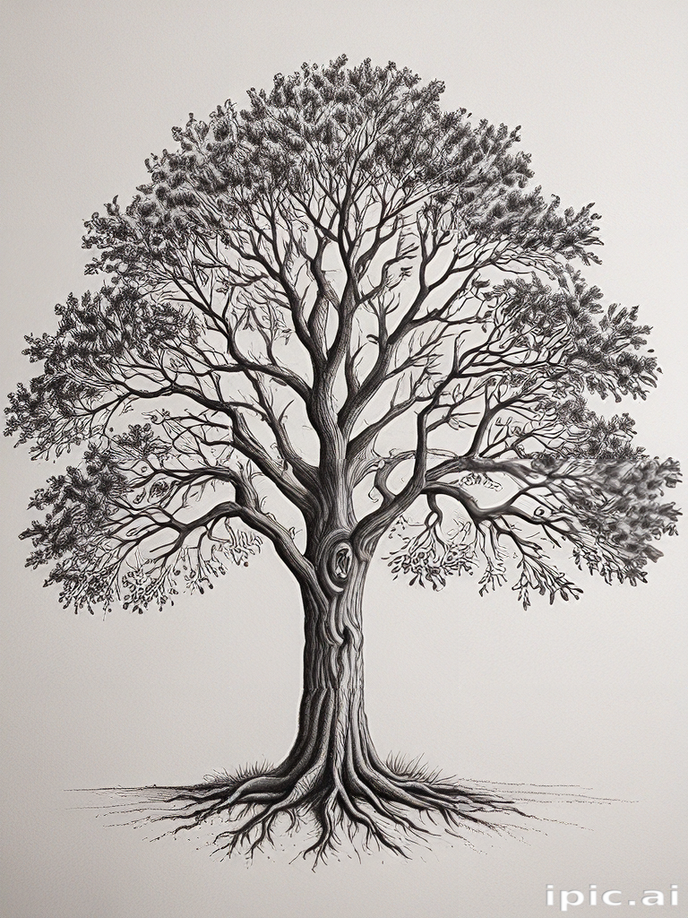 Intricate Black and White Illustration of a Majestic Tree with Detailed ...