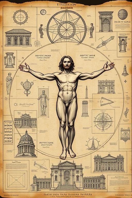 Illustrate a detailed Renaissance-style artwork featuring the Vitruvian Man at the center, surrounded by intricate sketches of inventions and architectural designs, using a Canon EOS 5D Mark IV with a 50mm lens, aperture set to f/8, ISO 100, in natural light to capture rich textures and fine details.