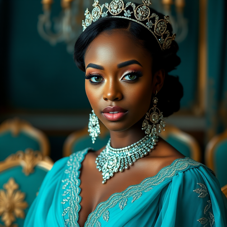 A gorgeous Garifuna woman in a luxurious cyan gown, accessorized with a dazzling tiara and statement earrings, her deep green eyes highlighted by impeccable makeup, poised in a royal setting, photorealistic, 8K quality