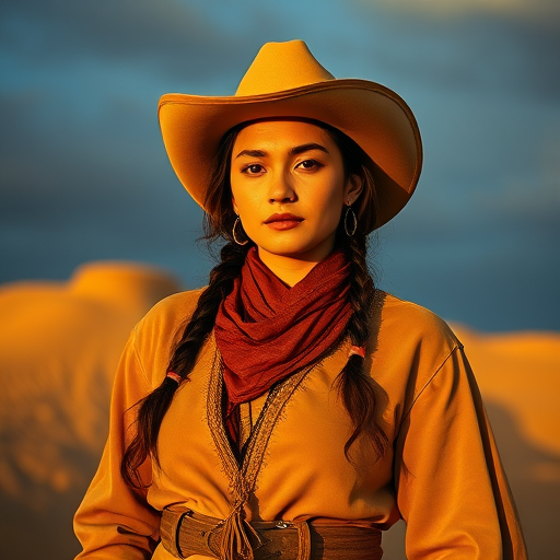 Dramatic photo of a beautiful Uyghur woman, classic cowboy attire, confident and free spirit expression, half-length portrait, centered, golden hour desert landscape, warm, diffused light, low angle, medium format film camera, in style of Annie Leibovitz.