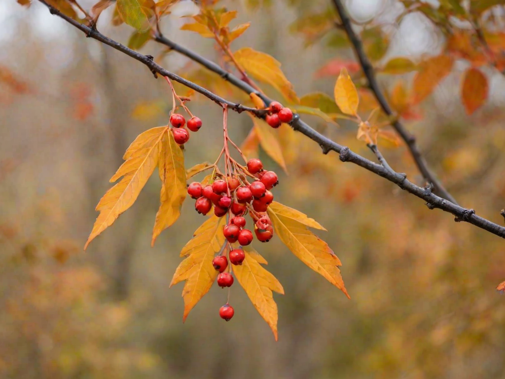 a close-up of autumn leaves with vibrant orange and yellow colors and small red berries hanging from a slender branch against a blurred background