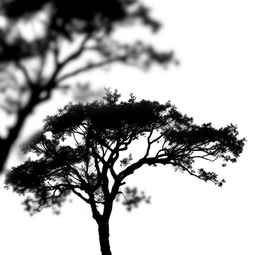 Generate a high-resolution image of a black silhouette of a tree on a white background, captured with a Canon EOS 5D at f/8, ISO 100, with a 50mm lens in landscape orientation using a soft focus effect.