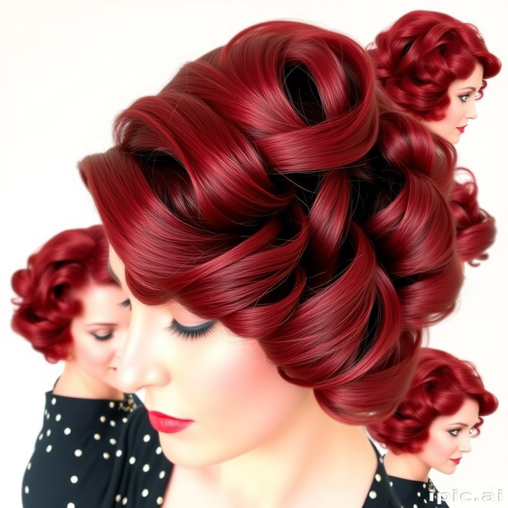 Retro Pin-Up Victory Rolls styled in a rich cherry red hue with subtle black lowlights creating depth and dimension in perfectly sculpted vintage-inspired curls