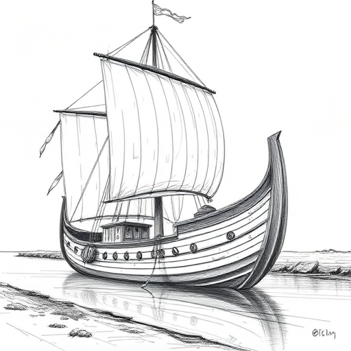 A detailed sketch of a Viking longship with raised sails, docked by the shore, captured using a DSLR camera at f/8 aperture, ISO 200, 50mm lens, with a wide-angle view to enhance the intricacies of the ship's design.
