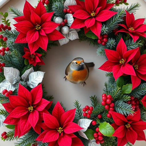 Create a vibrant Christmas wreath centerpiece featuring red and silver poinsettias, pine branches, holly berries, and a small robin perched in the center, captured with a Canon EOS R5 at f/4, 50mm lens, natural light, shallow depth of field.