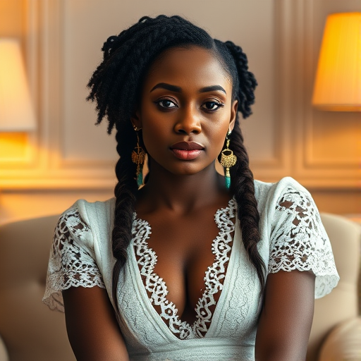 Create a portrait of a refined and elegant Cape Verdean woman seated in a sophisticated setting. She has long, wavy hair styled in two thick braids that are pulled over her shoulders. She wears a white, lace gown with intricate patterns, featuring a deep V-neckline and short sleeves. The dress exudes a vintage charm with its delicate lacework. She is adorned with ornate, dangling earrings that add a touch of glamour to her appearance. The background is softly lit, with warm, ambient lighting that creates a cozy and inviting atmosphere. Her expression is poised and serene, capturing a sense of grace and elegance.