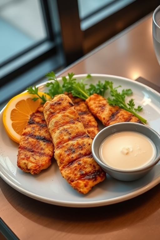 capture a gourmet dish featuring three pieces of fried fish with a side of dipping sauce, a slice of orange, and garnished greens in a modern setting, f/2.8 aperture, ISO 200, 1/125 sec shutter speed, shot from a high angle with a standard lens on a DSLR camera for optimal clarity and detail