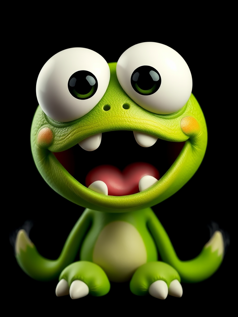 Create a vibrant cartoon character of a green round creature with large white eyes and a big open mouth, set against a solid black background, captured with a Canon EOS R5, 50mm lens, f/2.8 aperture, 1/200s shutter speed, in sharp focus and high contrast.